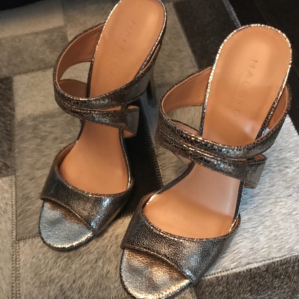 Halston heritage dark gold open toe heels